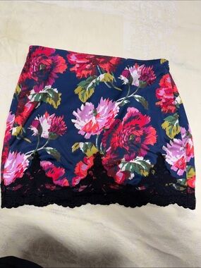 Urban Outfitters Navy Floral Mini Skirt with Black Lace Hem